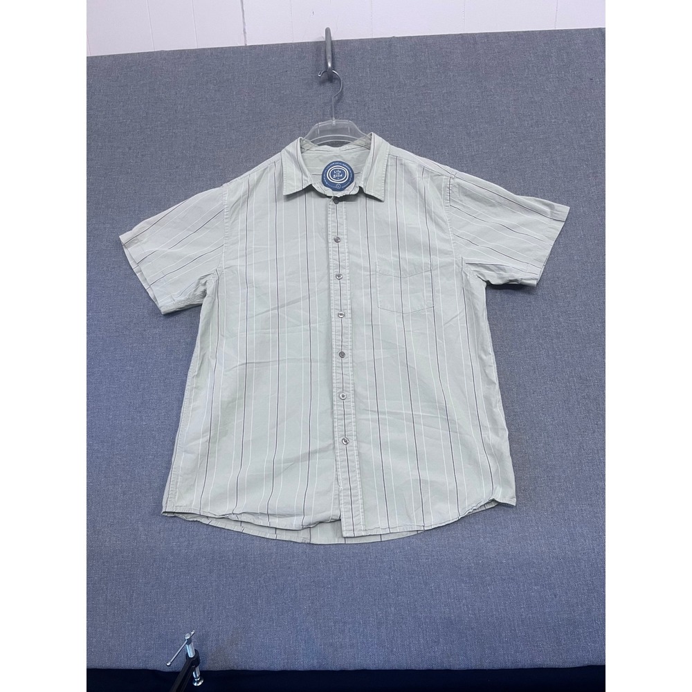 Life is Good Mens Large Short Sleeve Button Down Shirt Sage Green Striped Cotton
